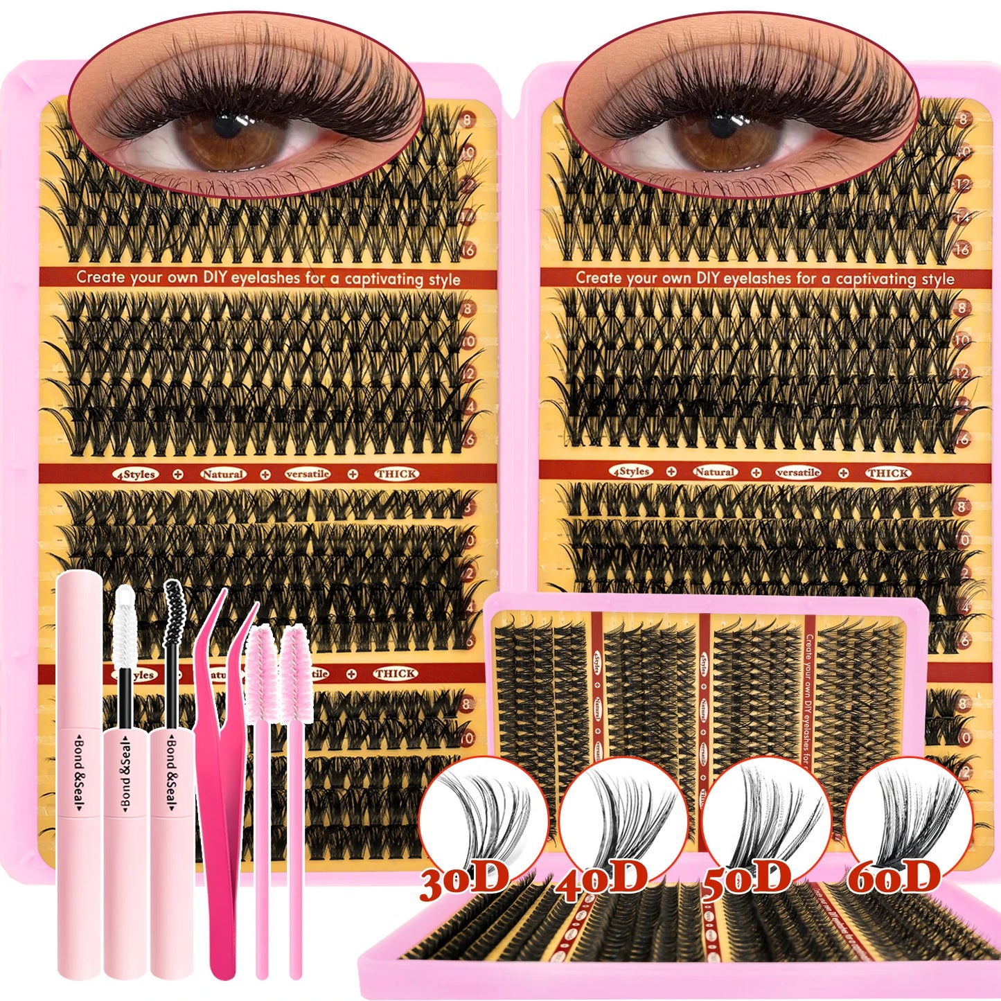 720/200pcs Eyelash Extension Kit – Fluffy Wispy Lash Clusters with Bond & Seal, Tweezers & Tools for Thick Volume DIY Lash Extensions