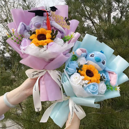 Cartoon Stitch Plush Doll with Flowers – Handmade Stuffed Animal Bouquet for Valentine’s, Christmas & Graduation Gifts