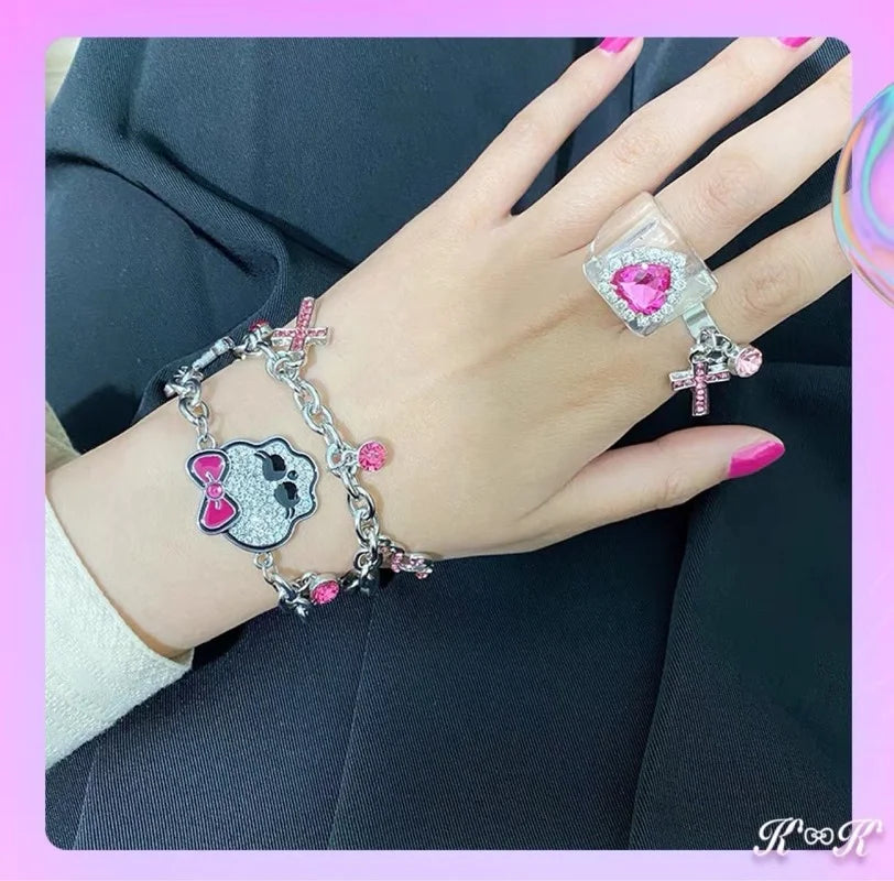 Pink Bow Rhinestone Skull Bracelet - Y2K Gothic Thick Chain Charm Jewelry for Women