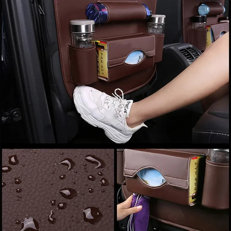 PU Leather Car Seat Back Organizer – Auto Storage Bag with Foldable Table Tray, Tablet Holder, and Tissue Box Pockets