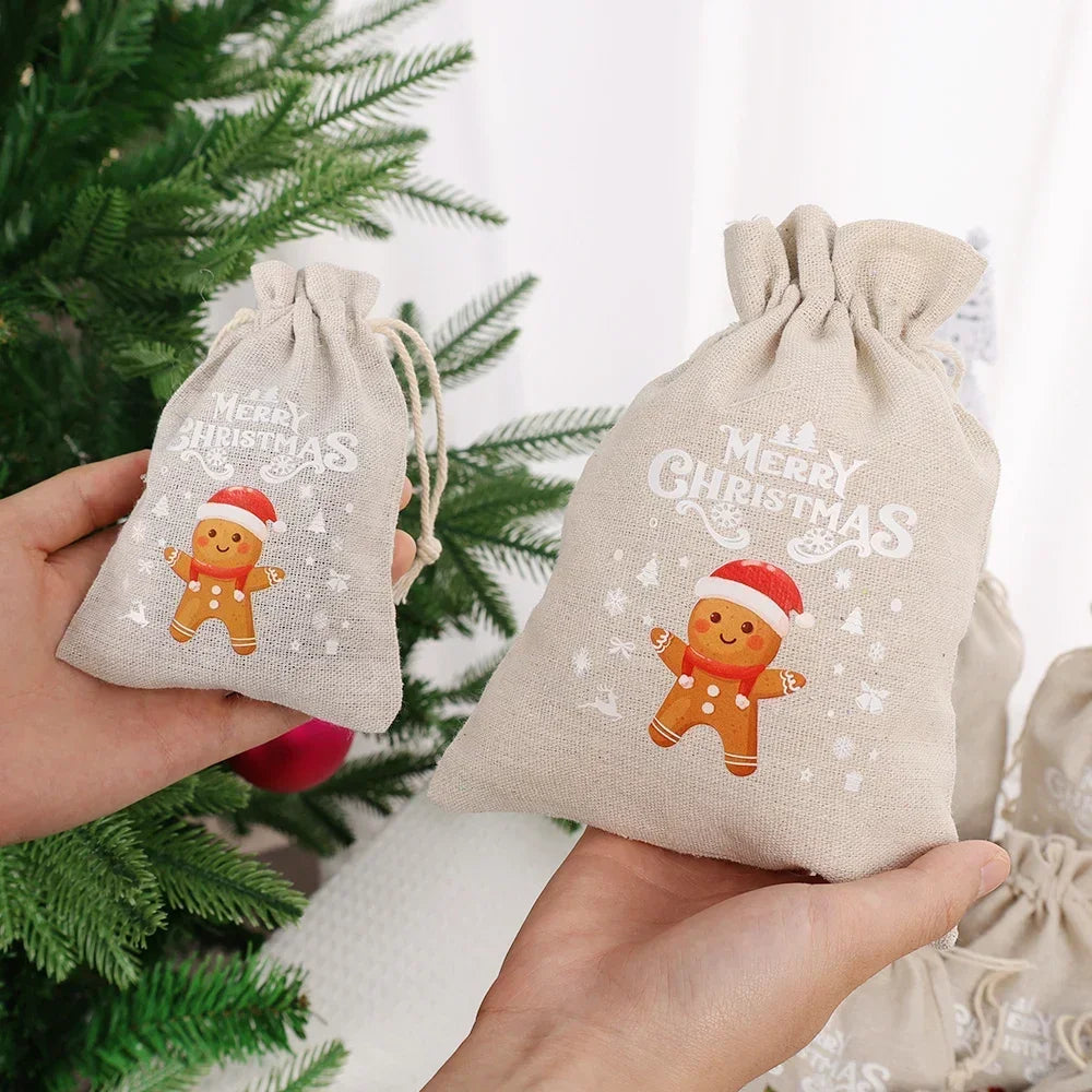 Christmas Linen Drawstring Bags – Cartoon Santa & Snowman Candy Gift Pouches for Xmas Party Packaging
