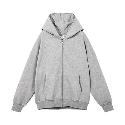 Men’s Harajuku Zip-Up Hoodie Jacket – Retro Black Oversized Long Sleeve Sweatshirt Coat