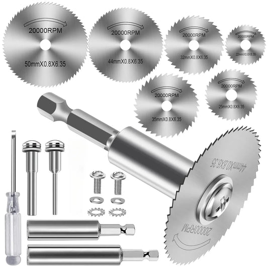 HSS Circular Saw Blade Set - 1/4 Inch Hex Shank Cutting Discs for Rotary Tools, Metal, Wood & Plastic