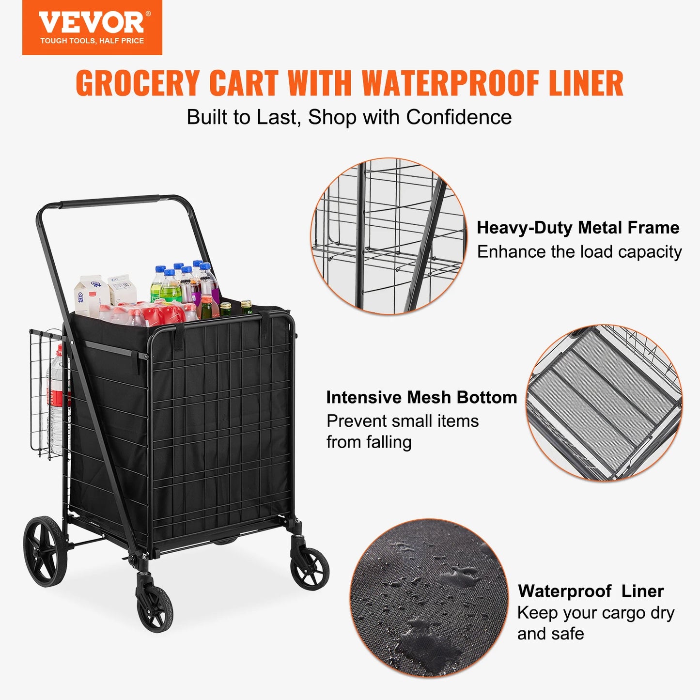 SucceBuy Folding Shopping Cart with Removable Waterproof Liner — Large Capacity 106/330LBS, 360° Swivel Wheels, Metal Mesh Base