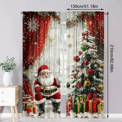 2pcs Christmas Santa Claus & Holiday Pattern Printed Curtains – Pole Bag Home & Room Decoration