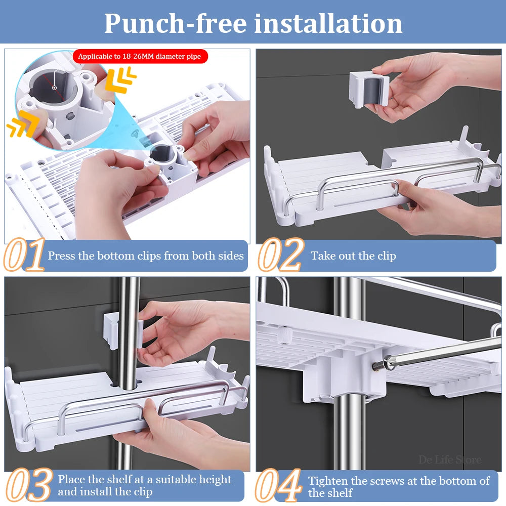 Extendable Shower Shelf — No-Drill Bathroom Storage Holder with Shampoo Tray, Wall-Mounted Accessories