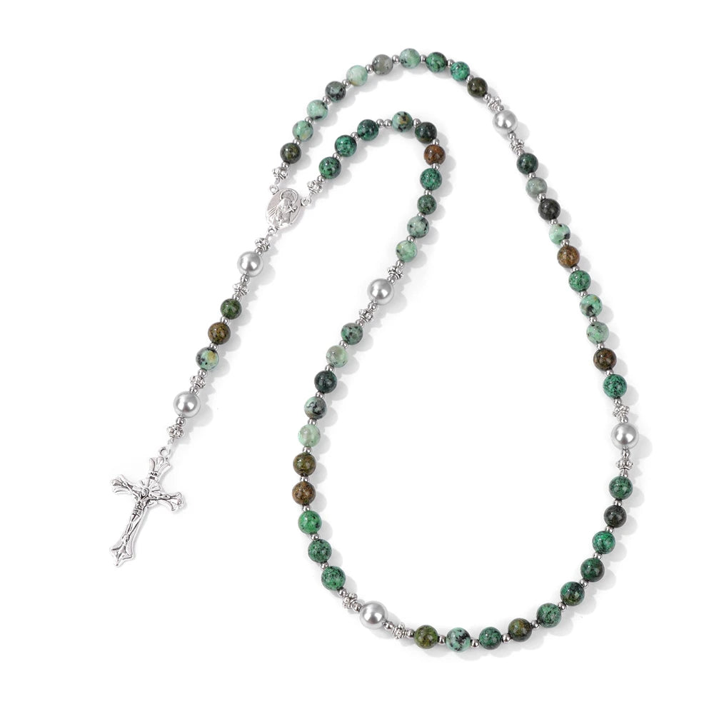 6mm Tiger Eye Rosary Beads Necklace – Catholic Jesus & Virgin Mary Pendant Long Knotted Chain Religious Jewelry for Men & Women