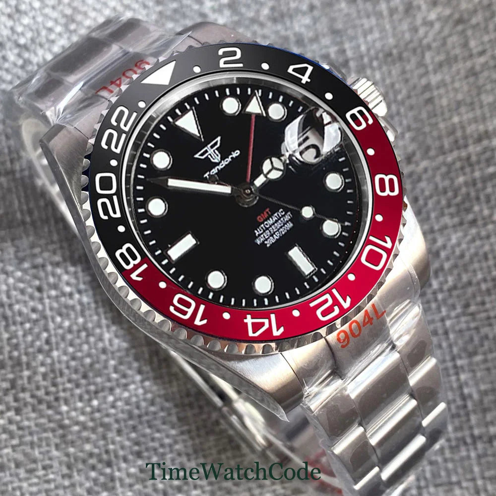 Tandorio 40mm Men’s Automatic Watch – NH34A Movement, GMT Function, Luminous Black Dial, Sapphire Crystal, Auto Date & Rotating Bezel