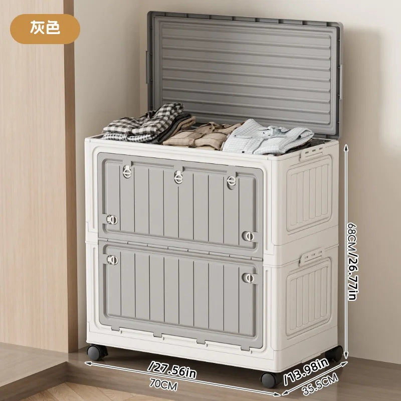 Large Capacity Foldable Storage Bin - Transparent Mobile Organizer with Wheels for Clothes & Toys