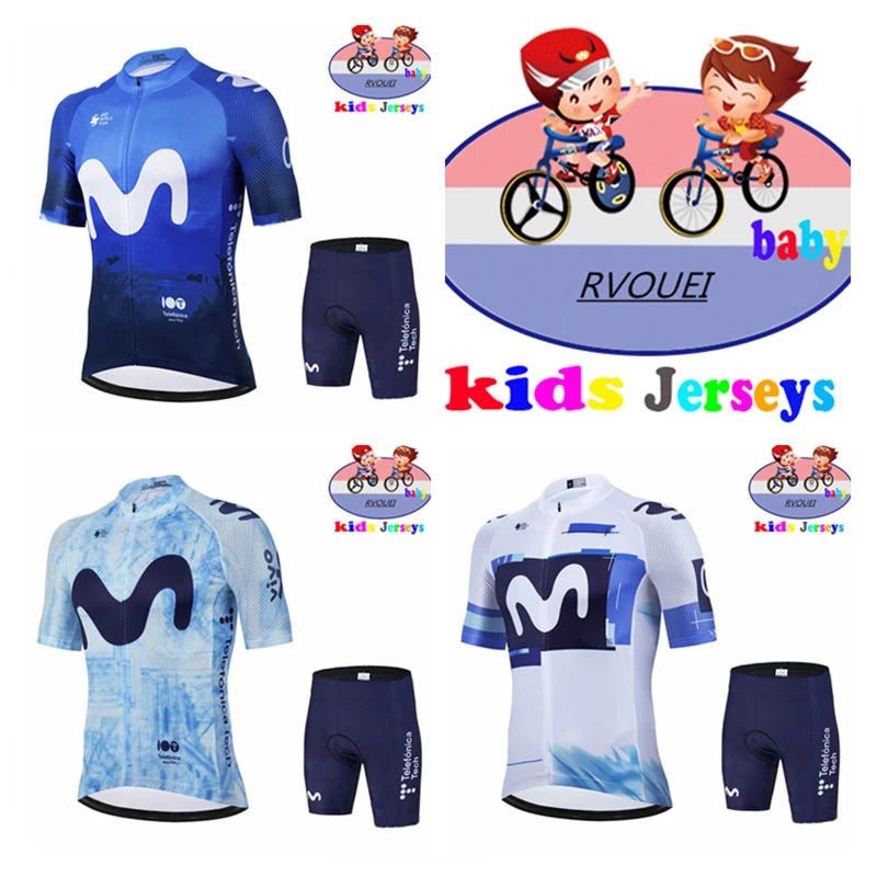 Kids Cycling Jersey Set - Baby Movistar Team Style Road Bike Shirt and Pants Suit for Boys and Girls MTB Riding