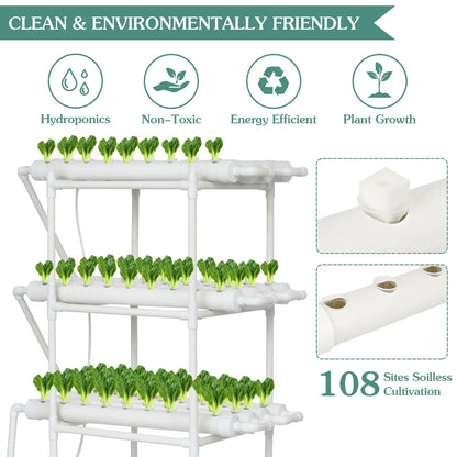 3 Layer Hydroponics Growing System – 108 Sites PVC Pipe Soilless Cultivation Kit for Vegetables & Herbs