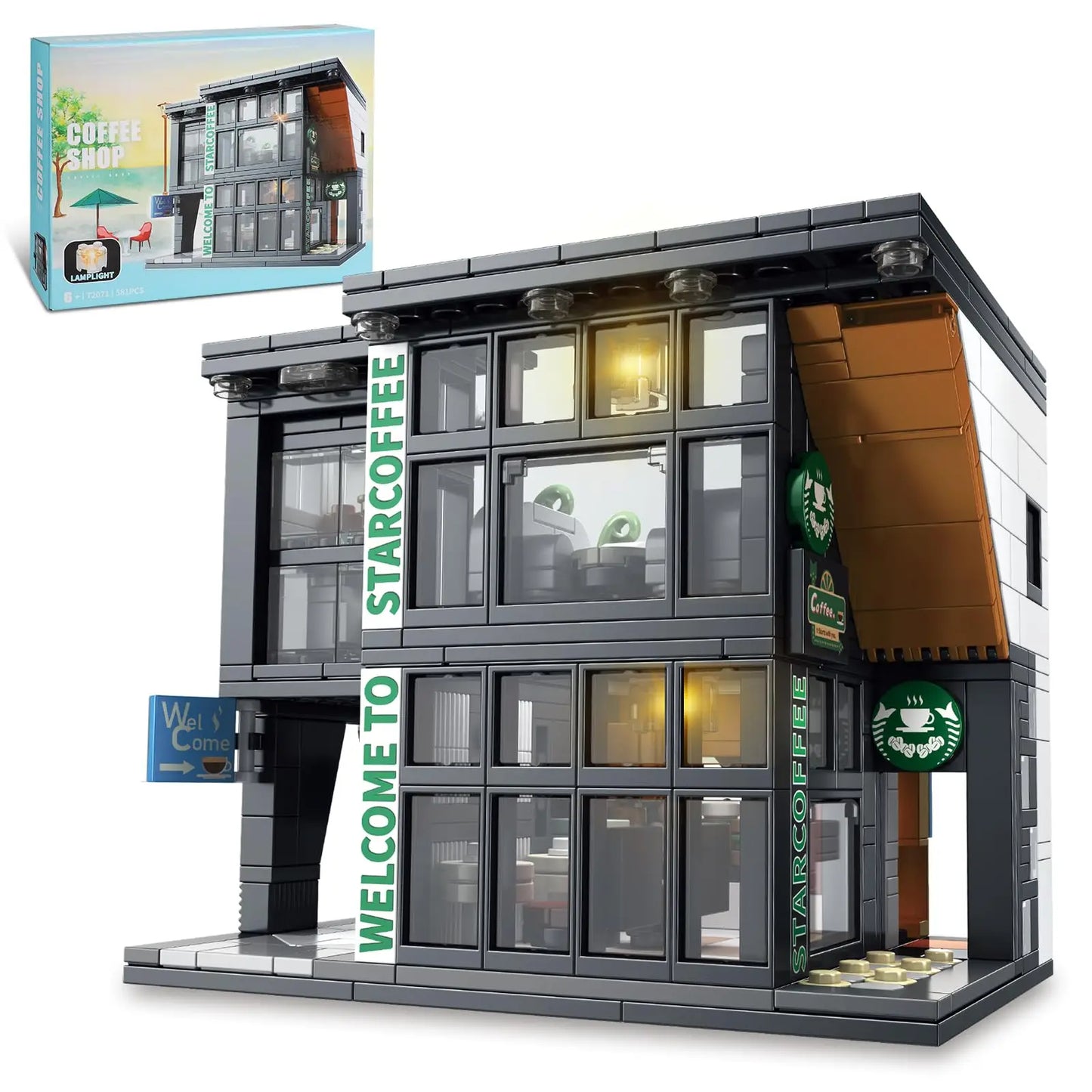 City Coffee House Building Blocks Set – 581 PCS Street View Construction Toy with Lights, Perfect Christmas Gift for Kids and Adults