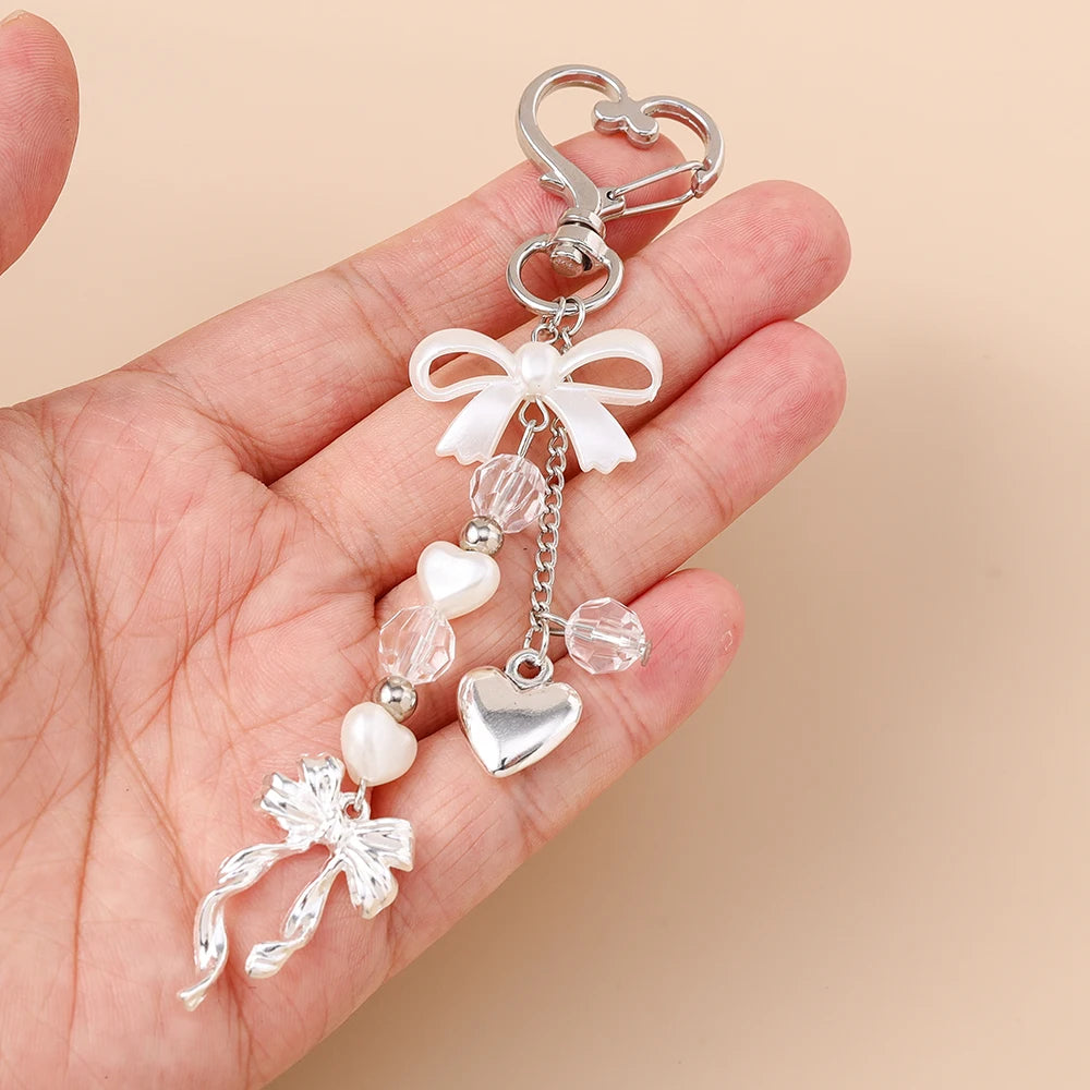 Cute Bowknot Heart Keychain - Crystal Pearl Pendant Charm for Women, Girls & Handbag Decoration