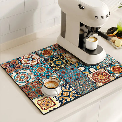 Retro Coffee Maker & Dish Drying Mat – Non-Slip, Quick-Dry Kitchen Placemat for Tableware, Washable