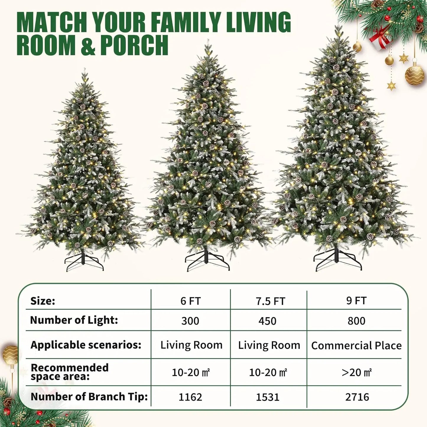 Pre-Lit Snow Flocked Christmas Tree with LED Lights & Pine Cones — 6ft, 7.5ft, 9ft Artificial Holiday Tree for Home Decor
