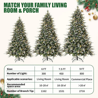 Pre-Lit Snow Flocked Christmas Tree with LED Lights & Pine Cones — 6ft, 7.5ft, 9ft Artificial Holiday Tree for Home Decor