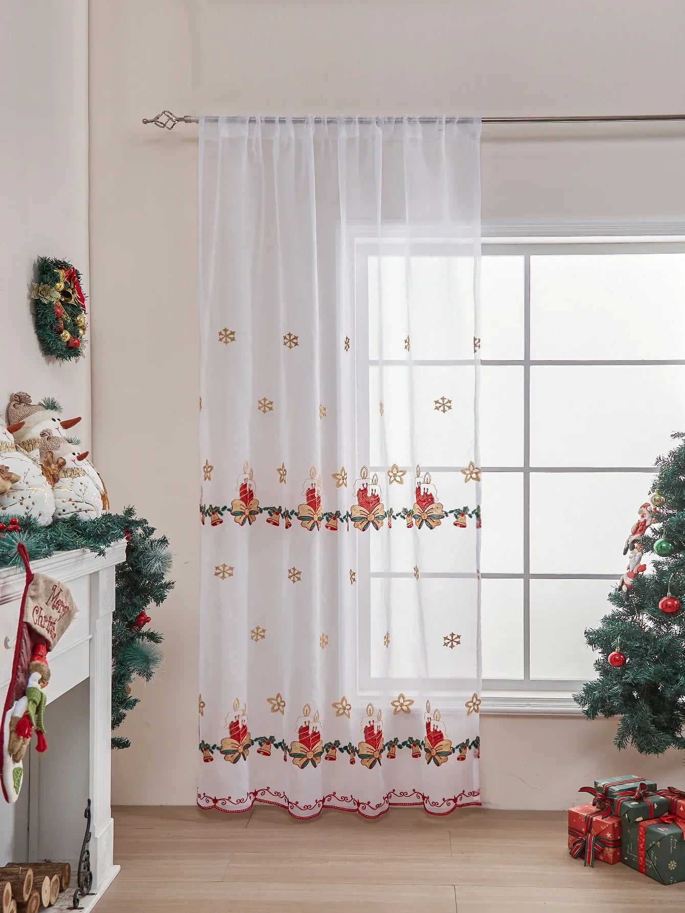 Snowflake Embroidered Tulle Curtain - Christmas Window Screen Sheer Decor for Living Room Bedroom