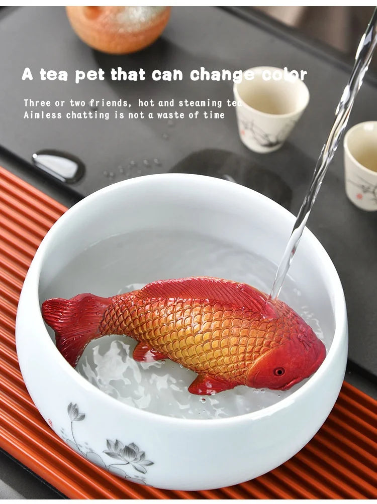 Colour-Changing Koi Carp Tea Table Ornaments – Creative Zen Desktop Decorations, Two Fish Report Happiness Teaware Accessories