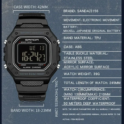 SANDA 2156 Military Digital Sports Watch for Men - Waterproof LED Display Wristwatch with Stopwatch and Oversized Dial