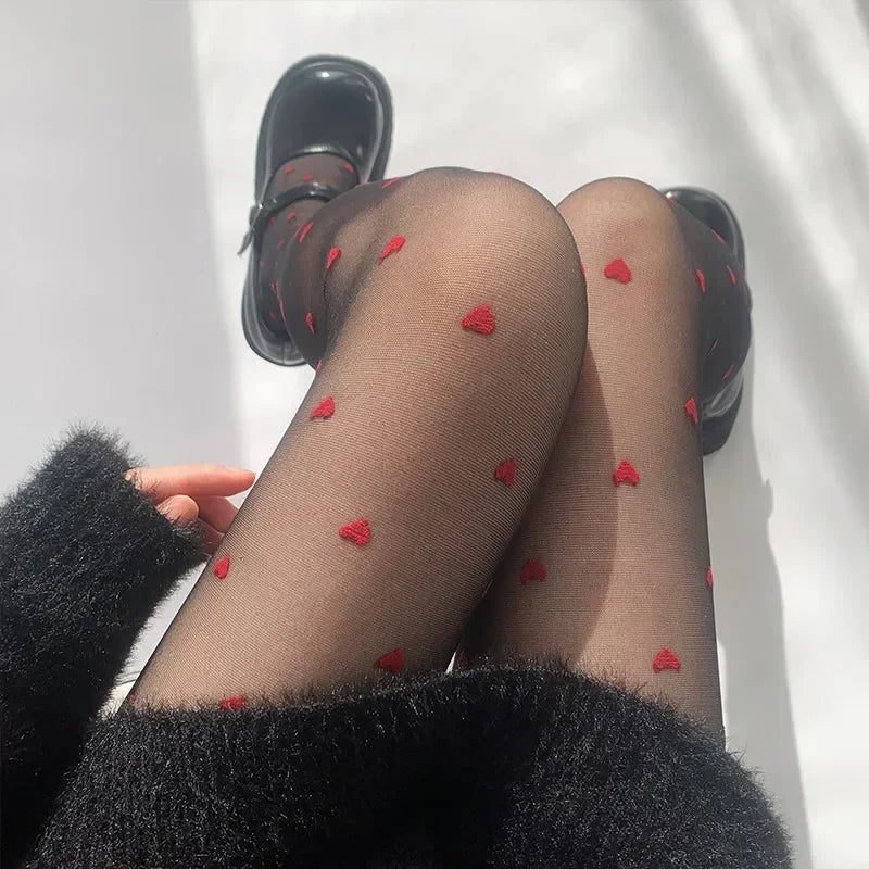 Red Heart Print Silk Stockings — Sexy Nylon Tights for Women, Girls’ Christmas Gift & Nightclub Hosiery