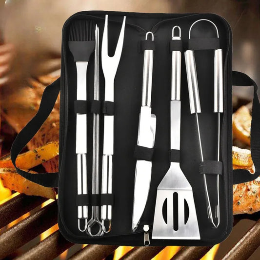 Stainless Steel BBQ Tool Set - Outdoor Barbecue Combo with Portable Storage Cloth Bag, Oven and Baking Tools