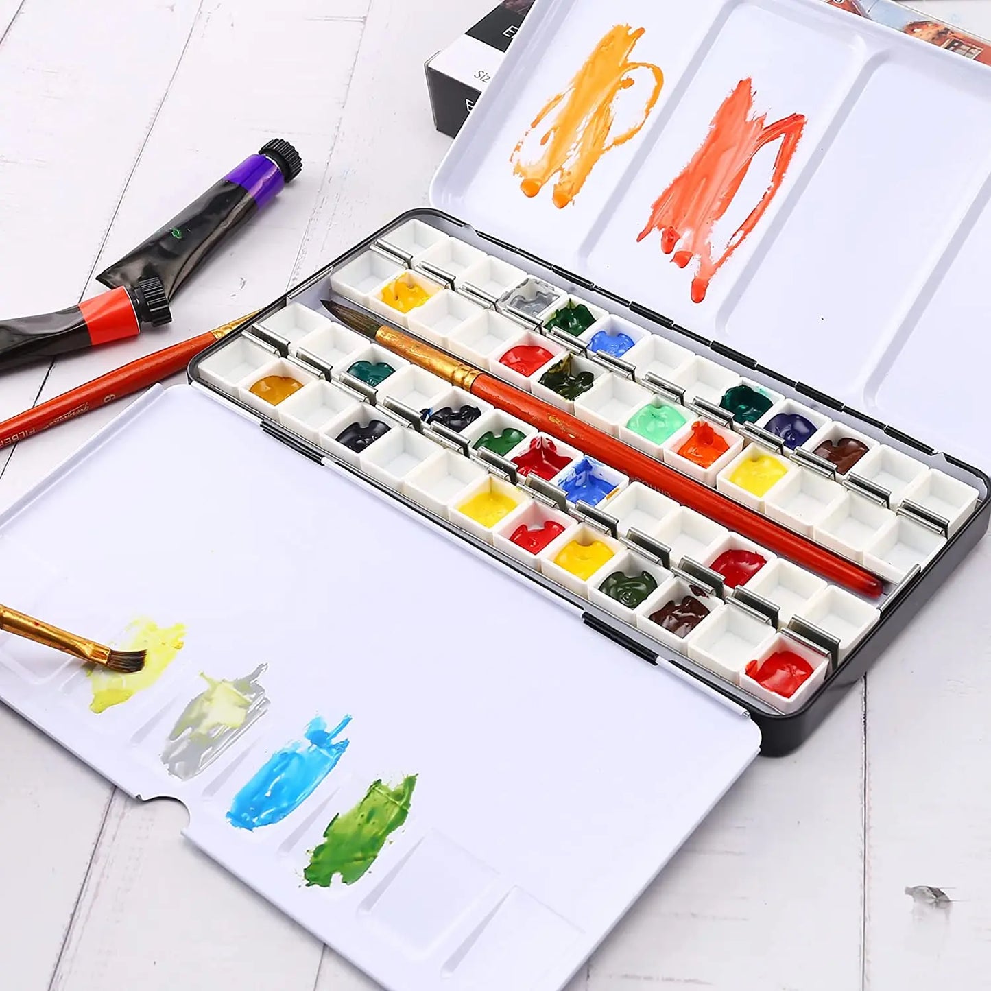 Large Metal Watercolor Tin with Fold-Out Palette: 52 Empty Half Pans - Ideal Watercolor Tray for Artists