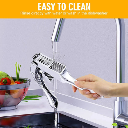 Stainless Steel 2-in-1 Garlic Press and Slicer – Handheld Garlic Crusher Mincer Kitchen Tool