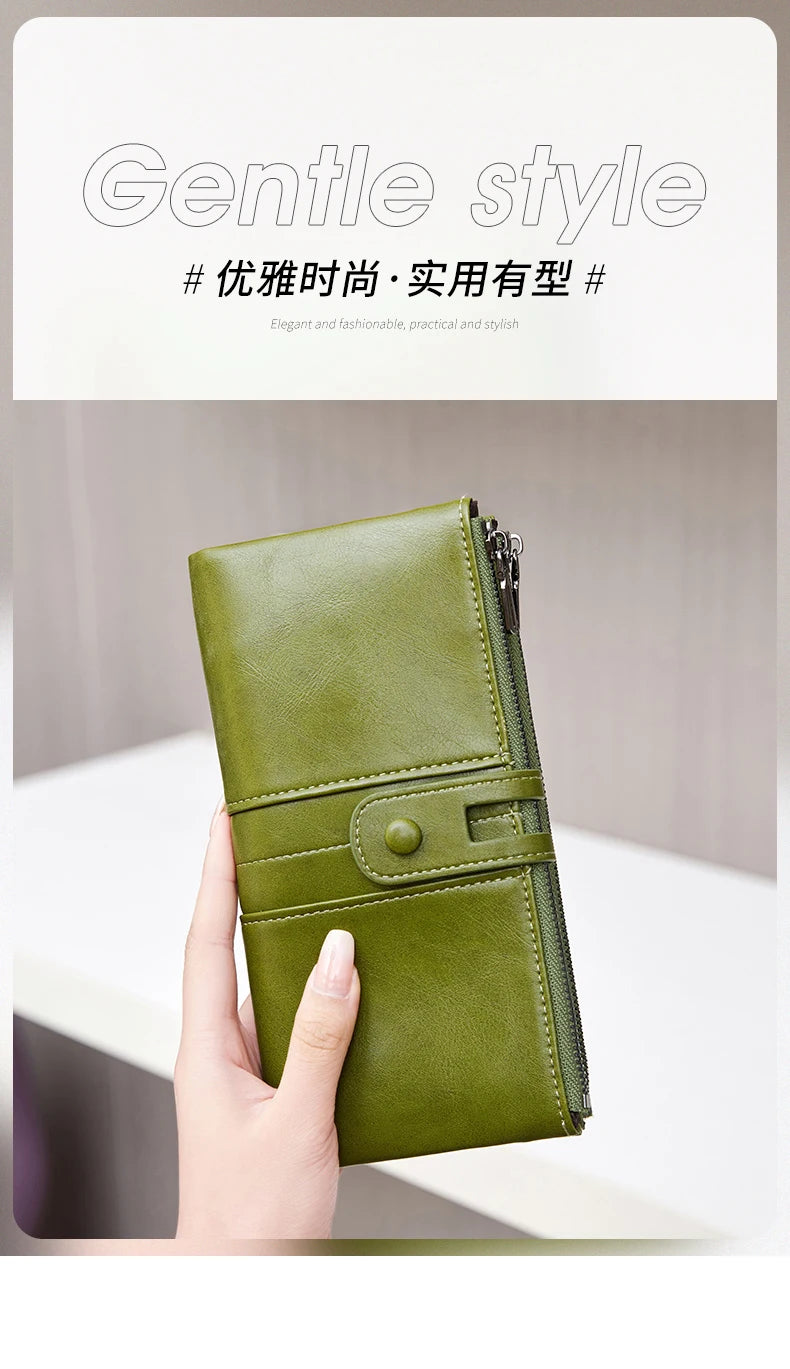 RFID Blocking Large Capacity Wallet – Soft Leather Solid Color Clutch, Multi-Functional Zipper Purse for Women & Men