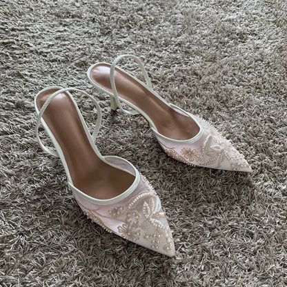 2026 Beaded Mesh Slingback Heels - Women's Pointed Toe Luxury Summer High Heel Sandals