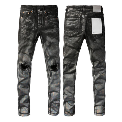 2025 Men’s High Street Ripped Skinny Jeans — Low Rise Blue Distressed Denim Fashion Repair Trousers 9003