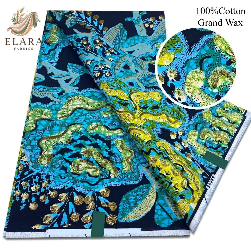 Grand Super African Wax Fabric - 100% Cotton Nigerian Glitter Glam Gold Ankara Print for Sewing