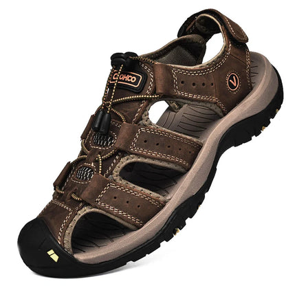 CLOHOO Men's Leather Sandals - Handmade Thick Sole Breathable Slip-On Beach Shoes