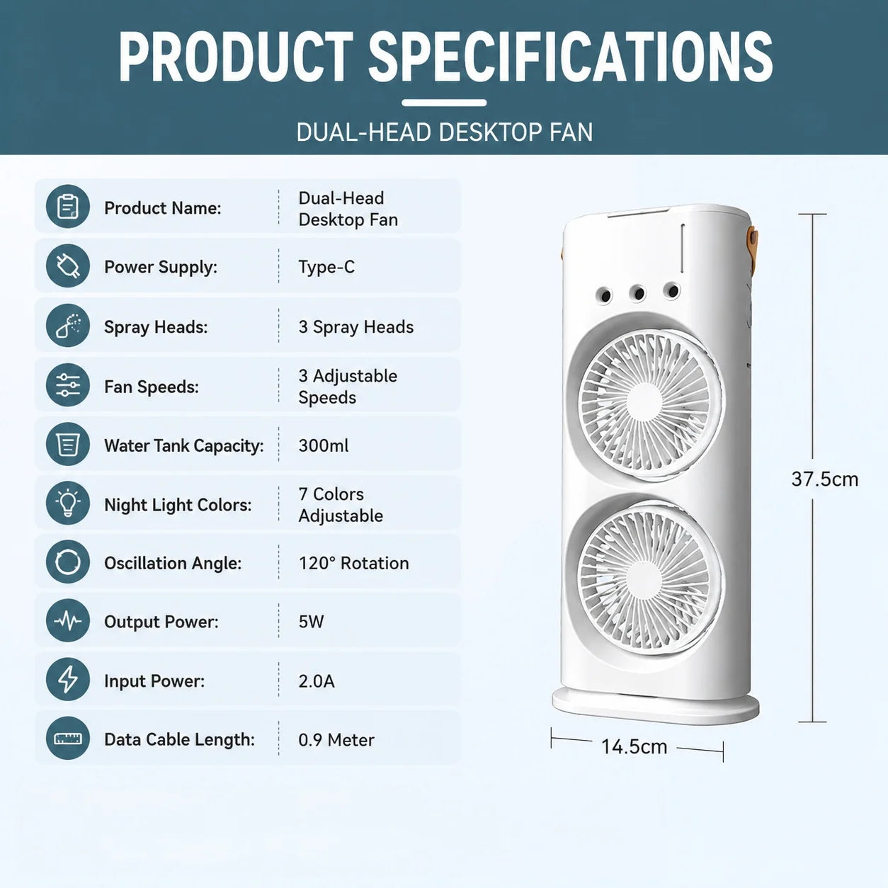 3-in-1 Portable Air Cooler Fan - Dual Head Cooling Fan with LED Night Light & Humidifier for Home and Office