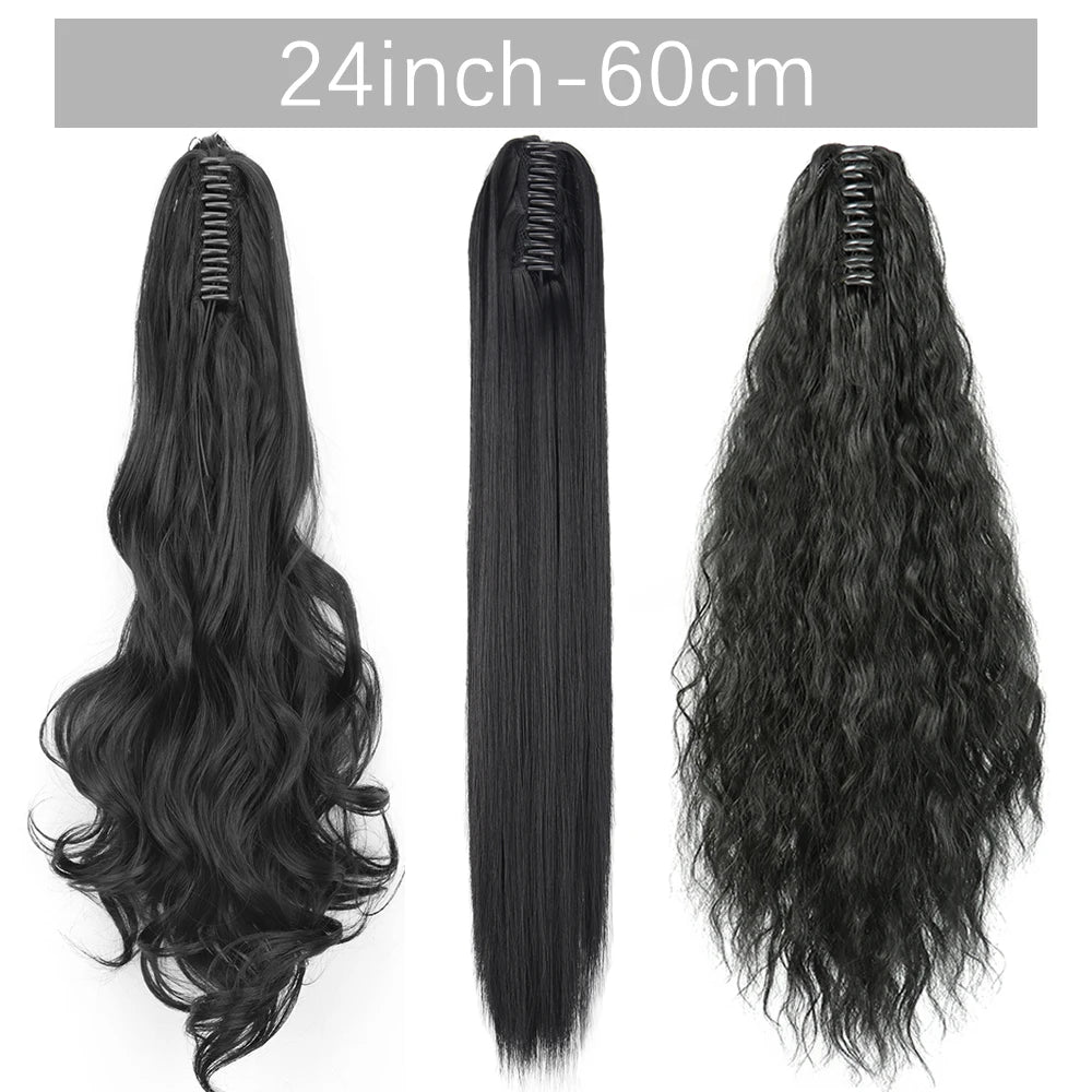 Long Straight Synthetic Claw Clip-On Ponytail Hair Extensions: 24-Inch Heat Resistant Pony Tail Hairpiece - for Daily Party Wear, Women