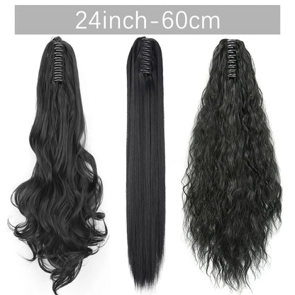Long Straight Synthetic Claw Clip-On Ponytail Hair Extensions: 24-Inch Heat Resistant Pony Tail Hairpiece - for Daily Party Wear, Women