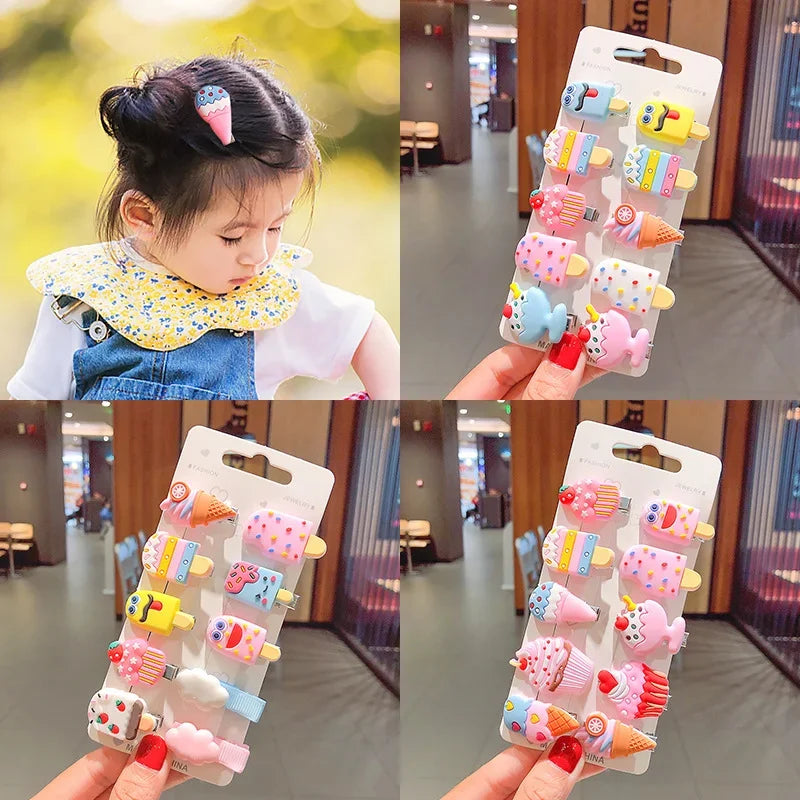 10pcs Kids Hair Clips Set – Cute Soft Gel BB Side Clips for Girls, Cartoon Hair Accessories Cards