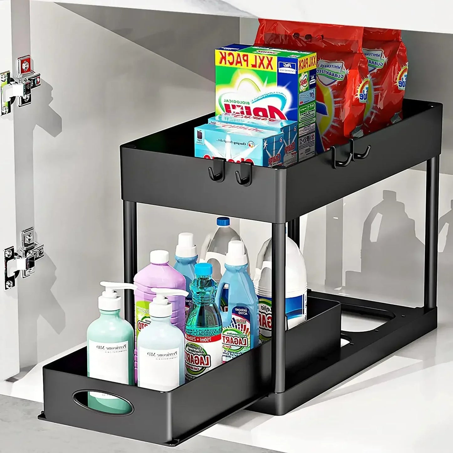 2-Tier Under Sink Sliding Organizer — Cabinet Basket Storage Rack with Hooks for Bathroom & Kitchen Cups