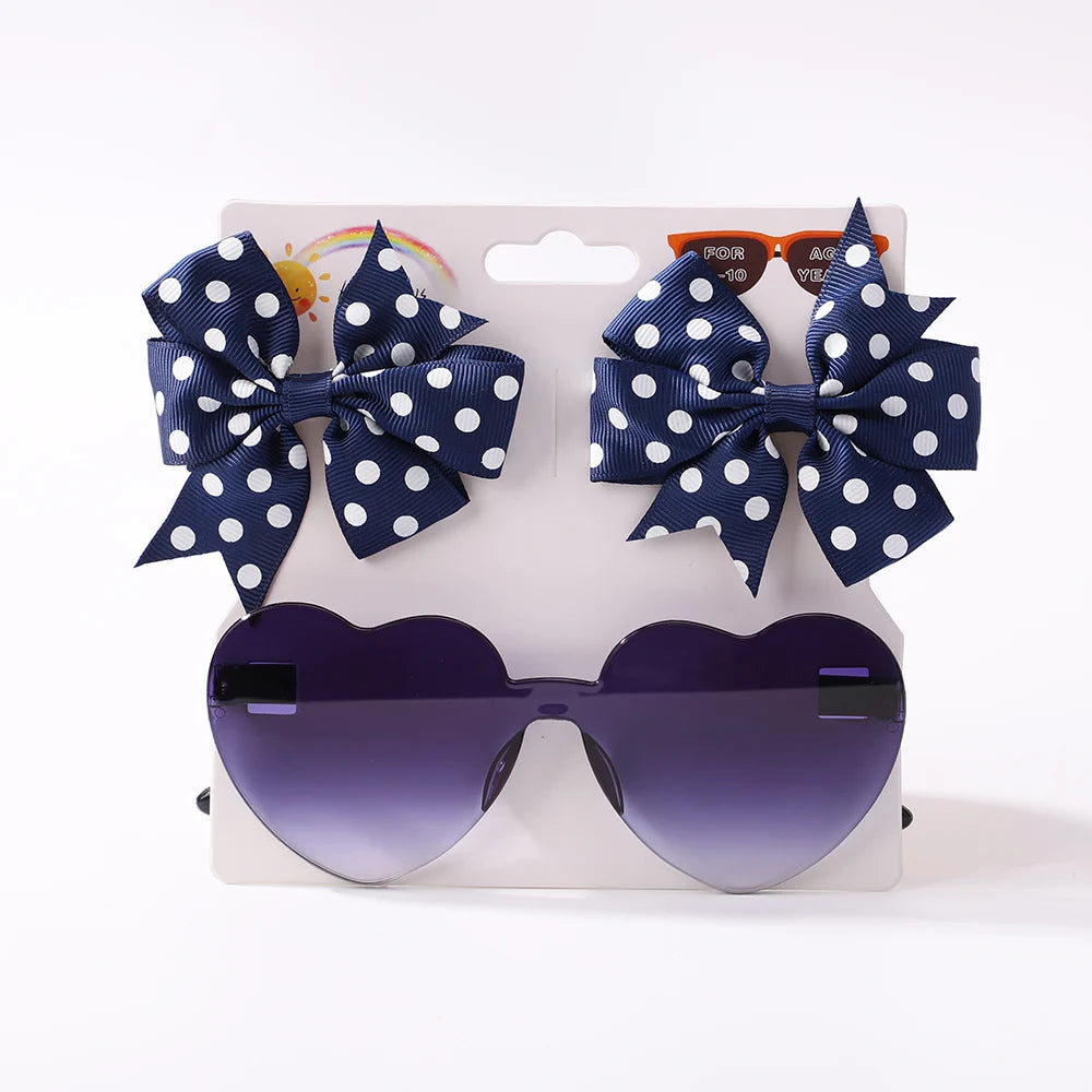 3Pcs/Pack Solid Dot Hair Bows – Colorful Boutique Bowknot Clips for Girls, Heart & Sunglasses Hair Accessories