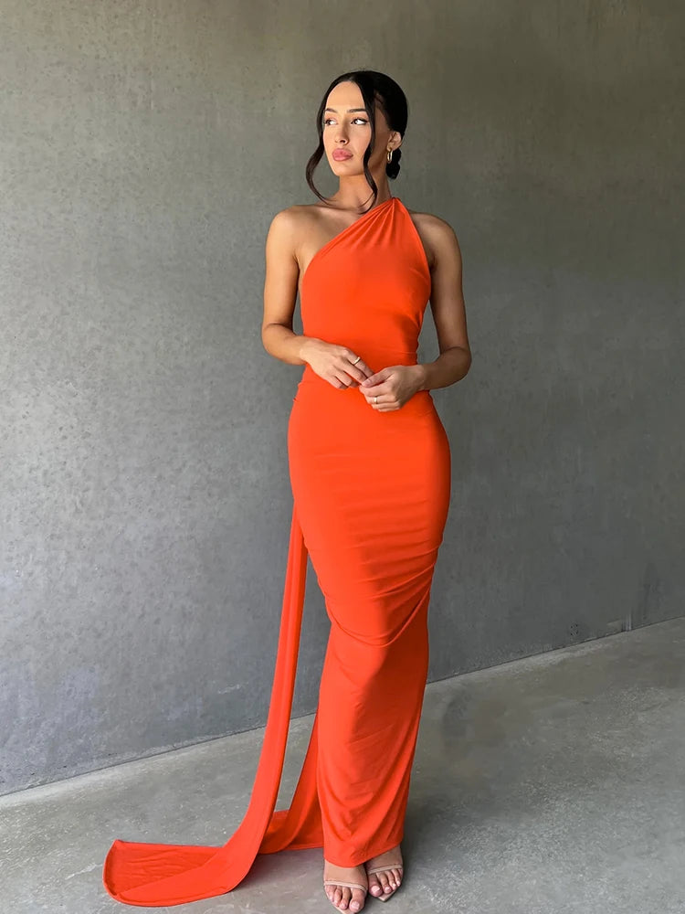 Hugcitar One Shoulder Backless Maxi Dress for Women – Adjustable Scarf Ruched Sexy Elegant Y2K Festival & Streetwear Party Outfit