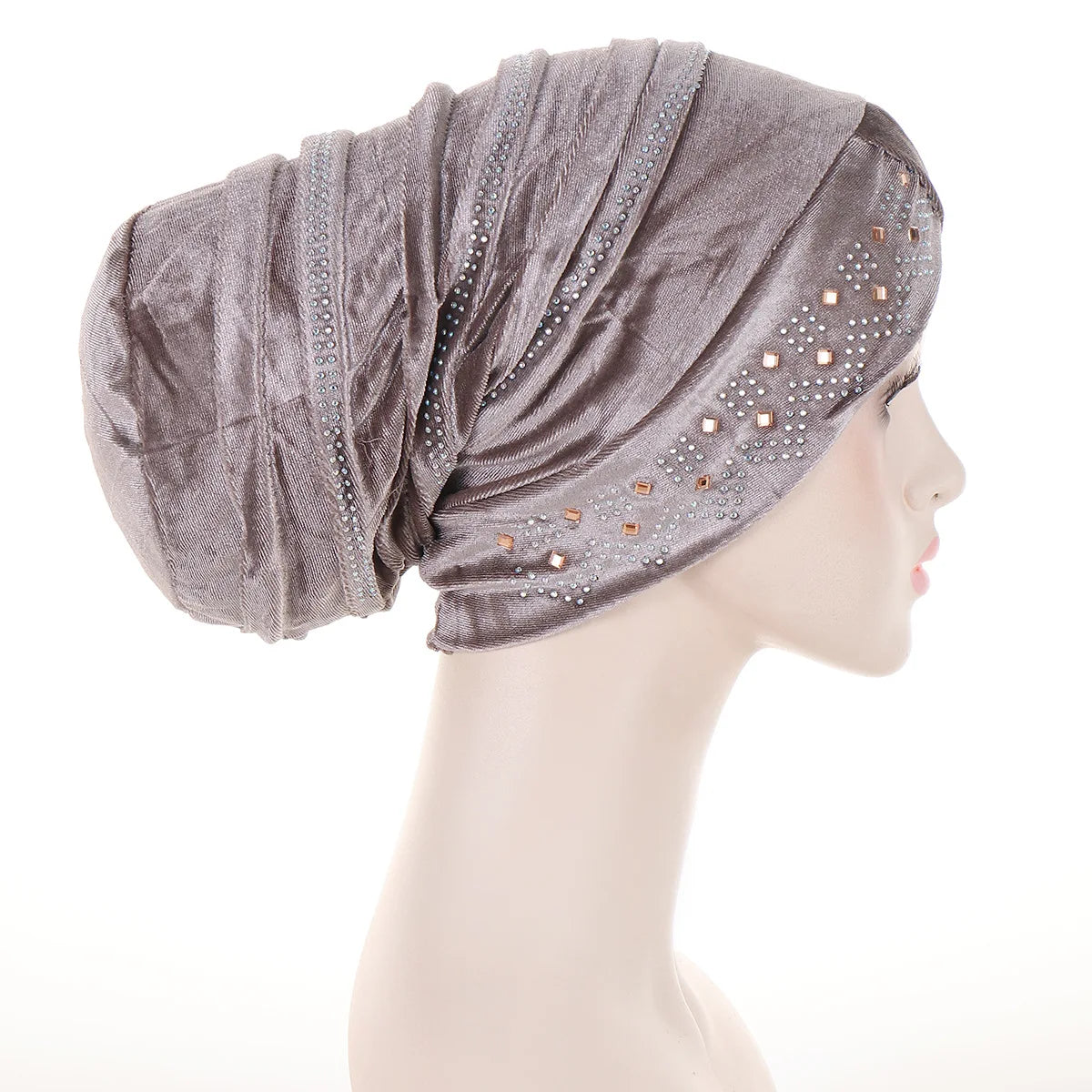 Women’s Glitter Diamond Turban Cap - Soft Velvet Pleated Head Wrap Muslim Headscarf Bonnet Beanie Cap