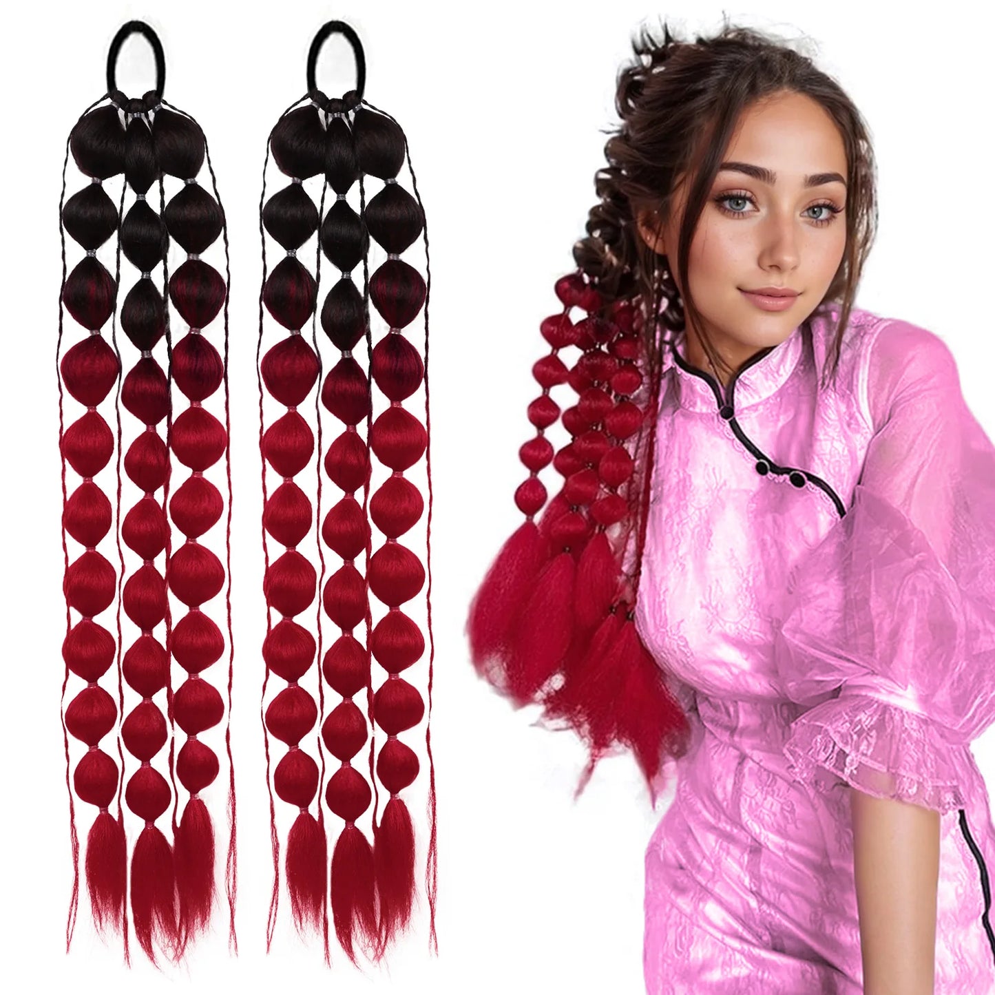 Lantern Bubble Ponytail Extension – 20" Ombre Twisted Braid with Elastic Band for Women
