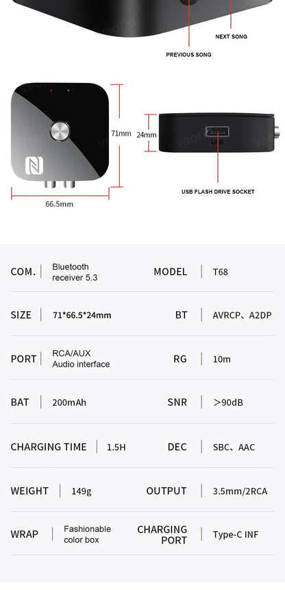 NFC Bluetooth 5.3 Audio Receiver – 3.5mm AUX, RCA Stereo, Lossless HIFI Music Wireless Adapter with USB U-Disk Play & Remote Control