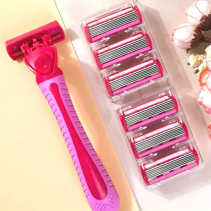 Women’s 6-Layer Manual Safety Razor Set – 1 Handle + 18 Stainless Steel Replaceable Blades