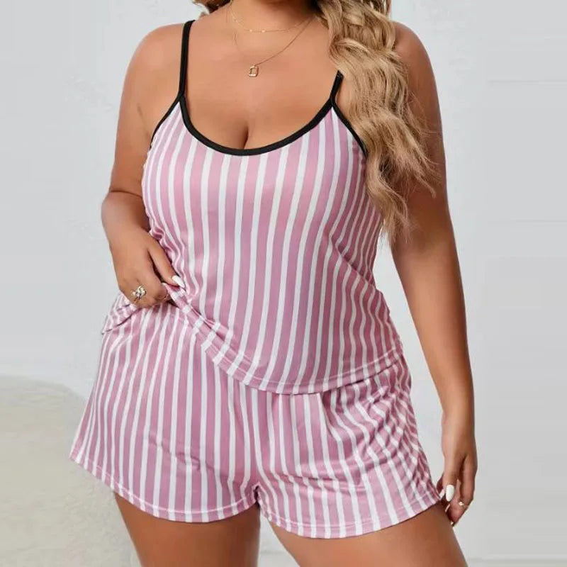 Plus Size Women’s Pajama Set — Sleeveless Heart Print Top & Elastic Waist Shorts, XL–XXXL Sleepwear Nightwear