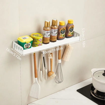 Wall-Mounted Kitchen Spice Rack Organizer with Hanging Hooks – Kitchen Storage Shelf for Condiments