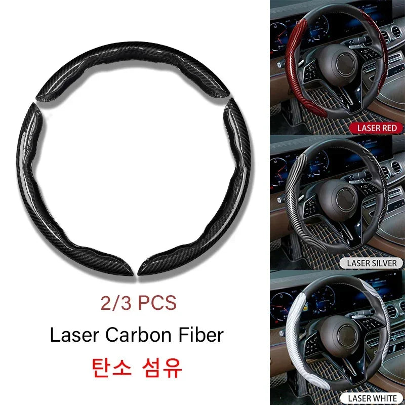 2/3PCS Universal Car Steering Wheel Cover — Laser Carbon Fiber, Silicone & 1K Microfiber Leather, Non-Slip PVC Booster