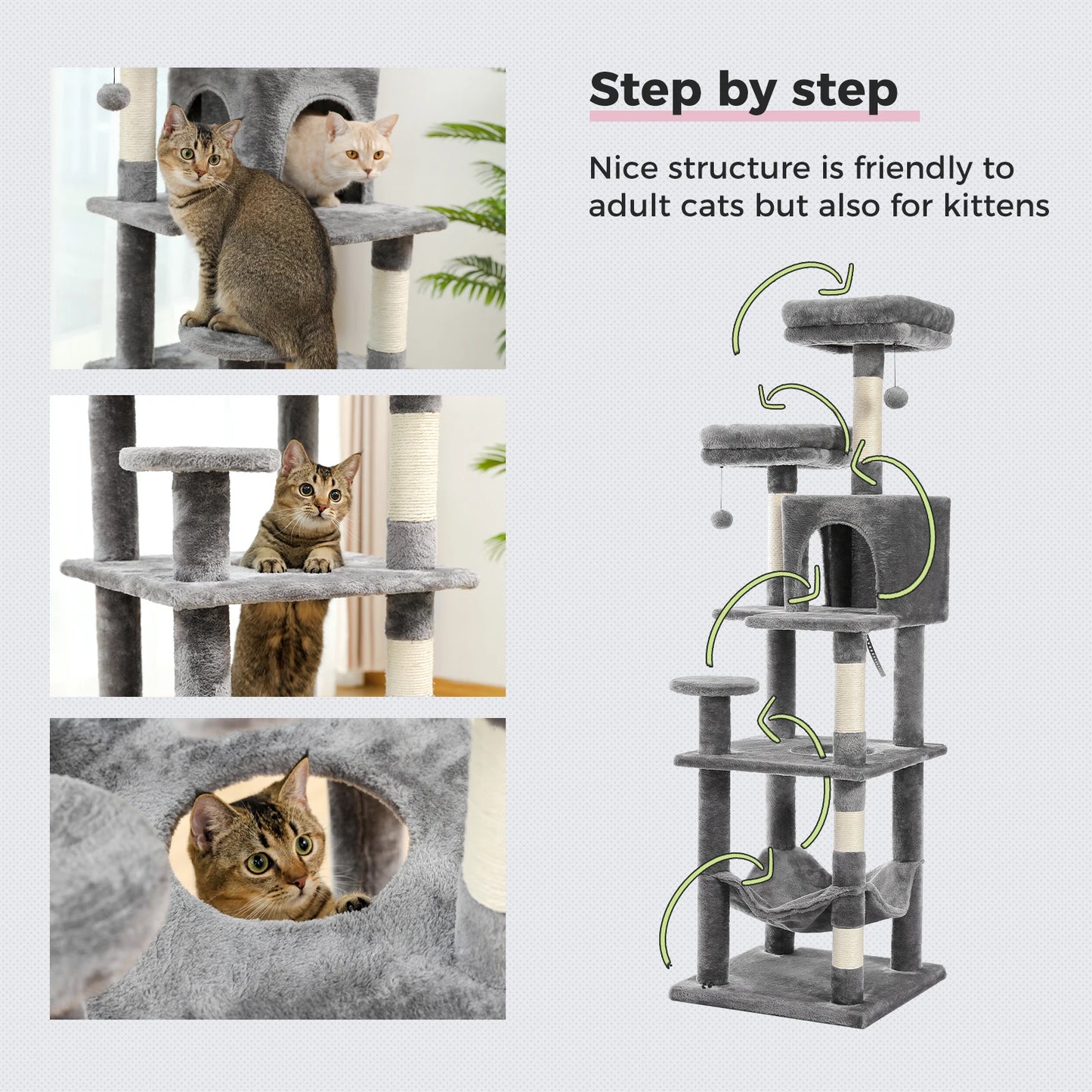 Large Cat Tree Tower – Multi-Level Plush Indoor Cat Condo with Scratching Posts, Boards, Perches & Caves