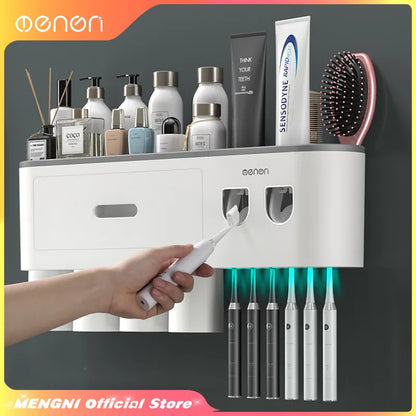 MENGNI Magnetic Inverted Toothbrush Holder with Automatic Toothpaste Squeezer - Wall-Mounted Storage Rack for Bathroom Accessories