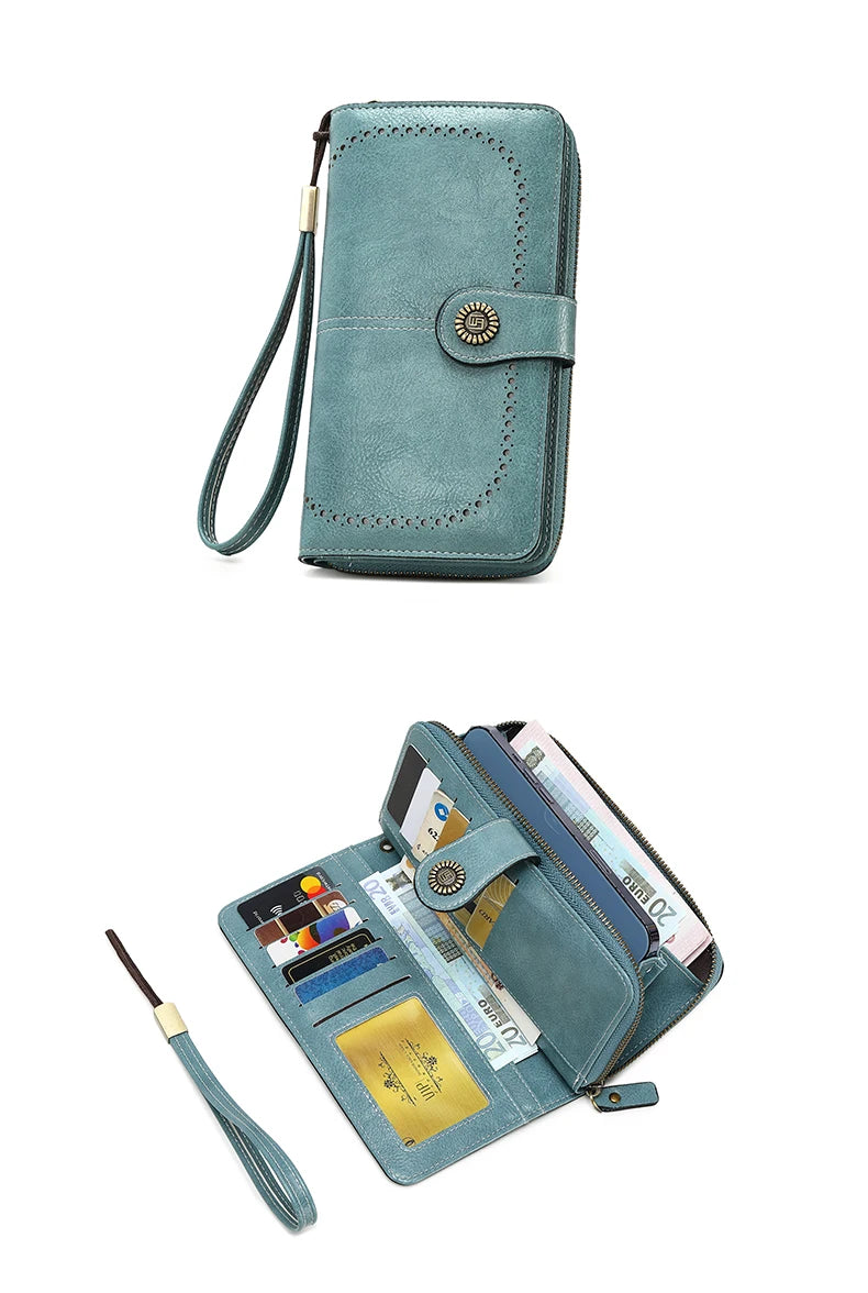 Vintage Large Capacity Women's Purse – Monochromatic Multi-Card Long Wallet with Zipper & Wrist Strap