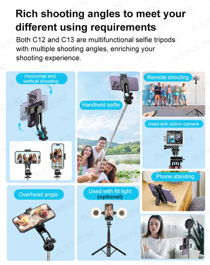AXNEN Mobile Phone Tripod C12/C13 – 1325mm Stand for Cellphone & GoPro, with Wireless Bluetooth Remote for Live Streaming